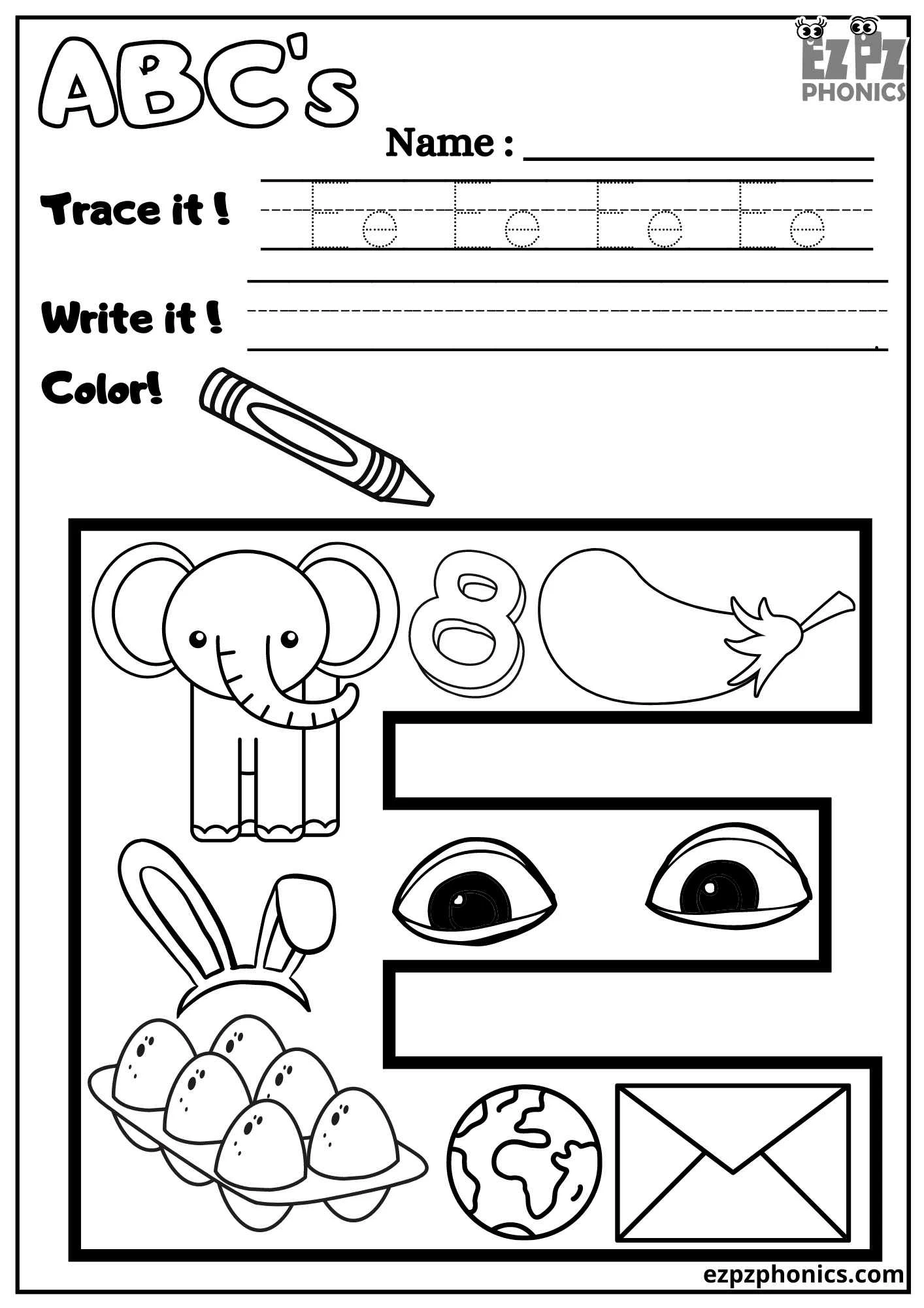 Letter E Trace, Write, and Color 